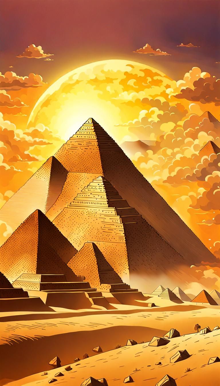 Egyptian Pyramids Against Golden Sky: Hyperrealistic Art