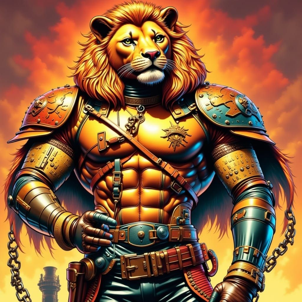 Anthropomorphic Lion-Human Hybrid in Pulp Comic Style
