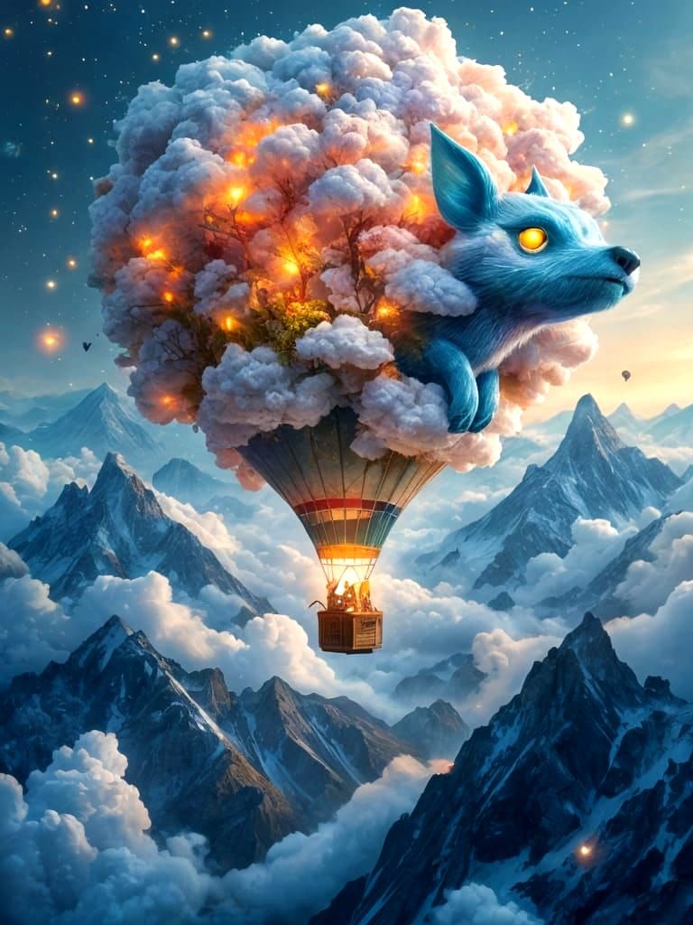 Hot Air Balloon, Woodland Creature, Mixed Media