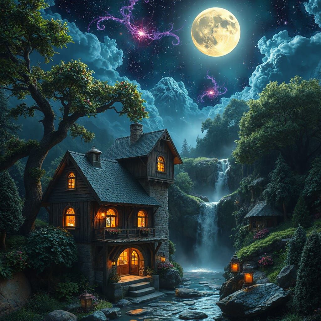 Enchanted Mill in Mystical Forest Under Astral Moon