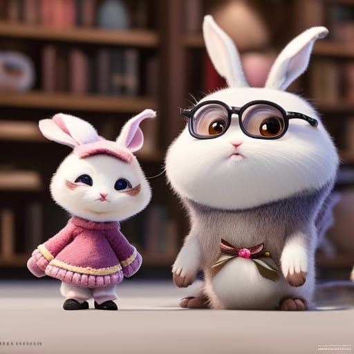 Adorable Bunny Waving, Detailed Digital Painting