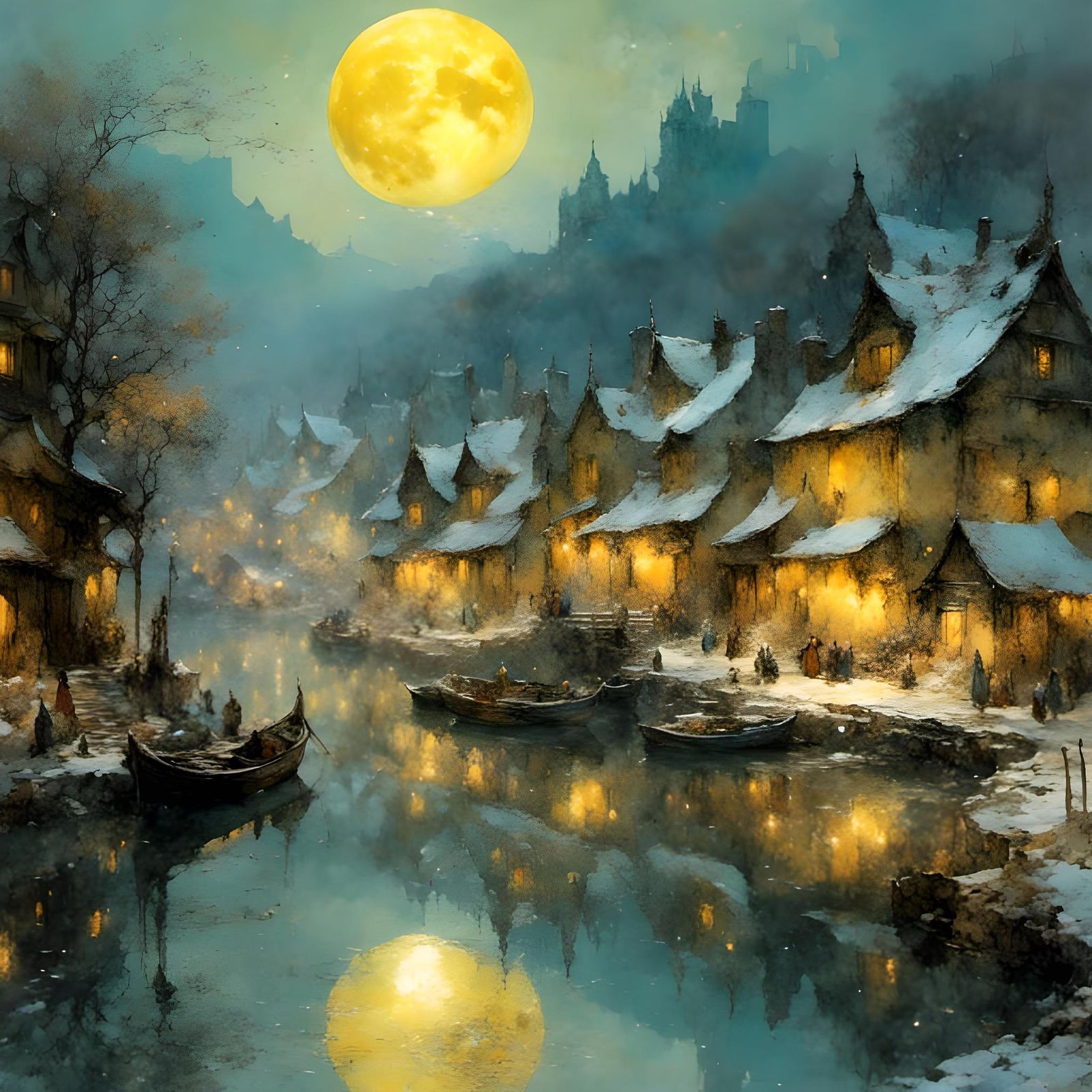 Yellow Moon over Medieval Village: Romantic Landscape