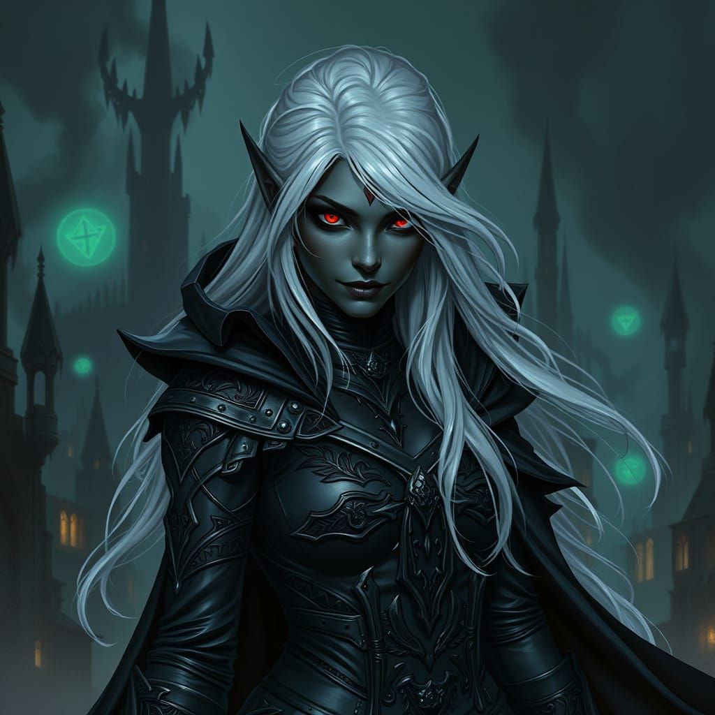 Dark Elven Rogue in Mystical Cityscape