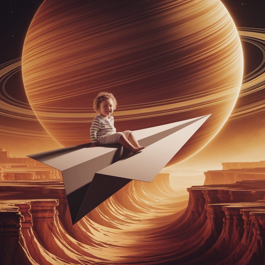 Child's Joyful Flight on Giant Paper Plane Around Space Plan...