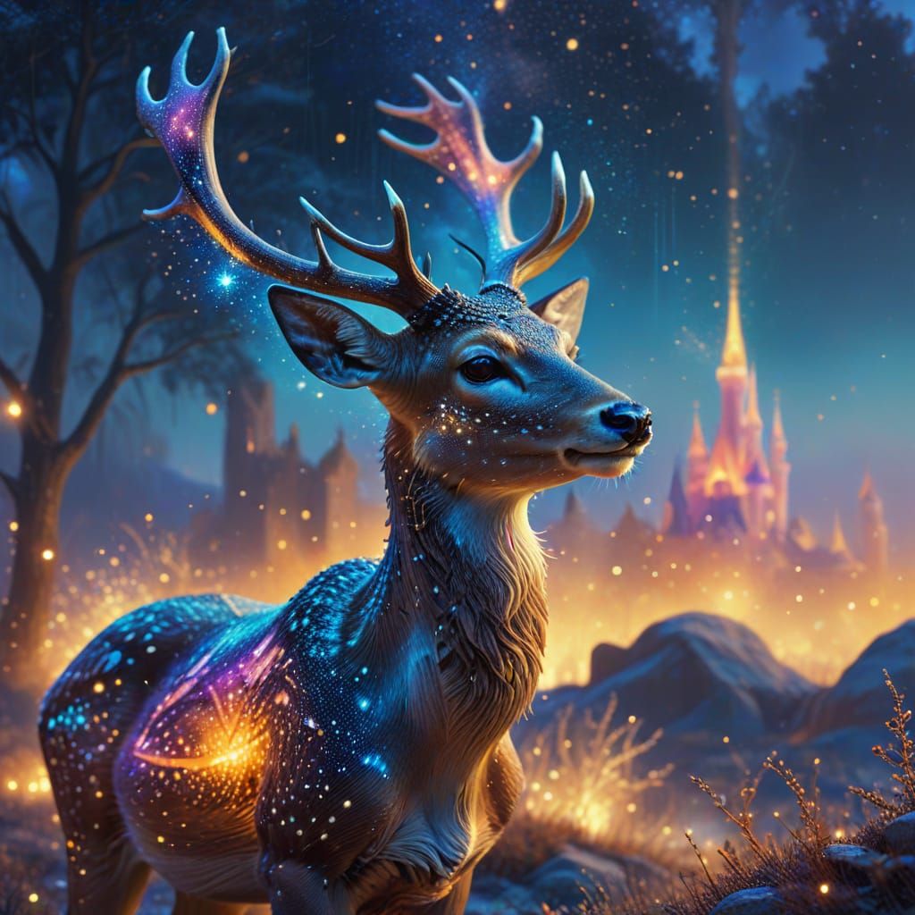 Stardust Deer in Dreamlike Cityscape: Surreal Oil Painting