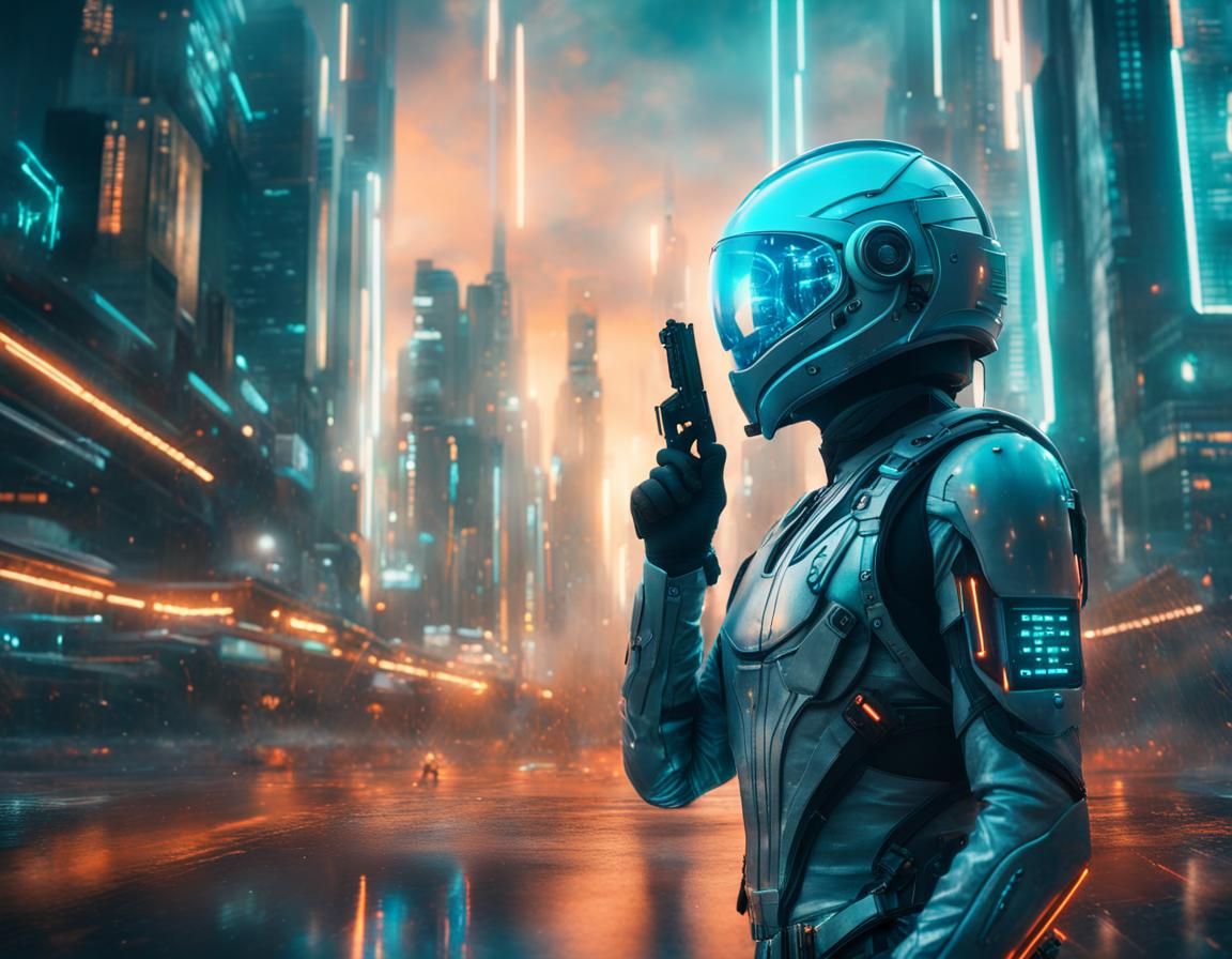 Futuristic Hologram People in Cyberpunk Cityscape