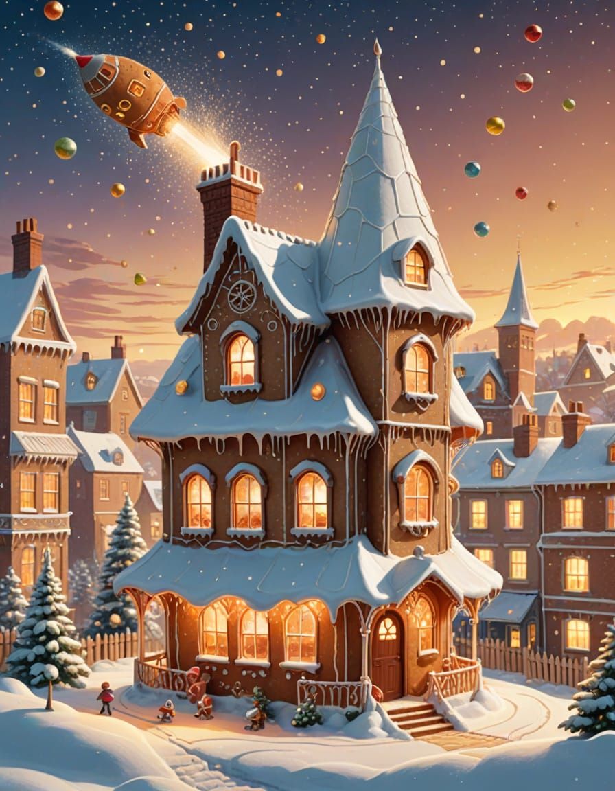 Gingerbread Rocket Blasts Off: Whimsical Christmas Art