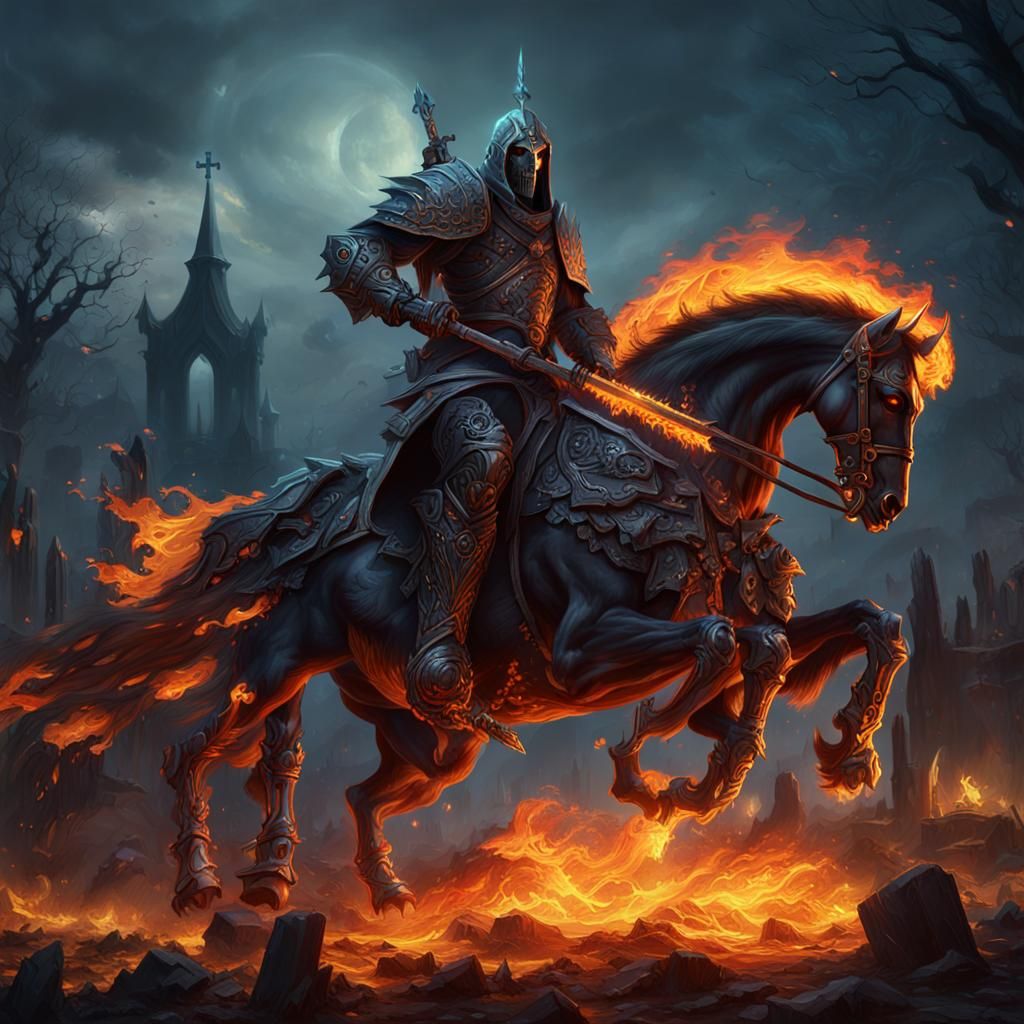 Death Knight on Flaming Horse in Graveyard