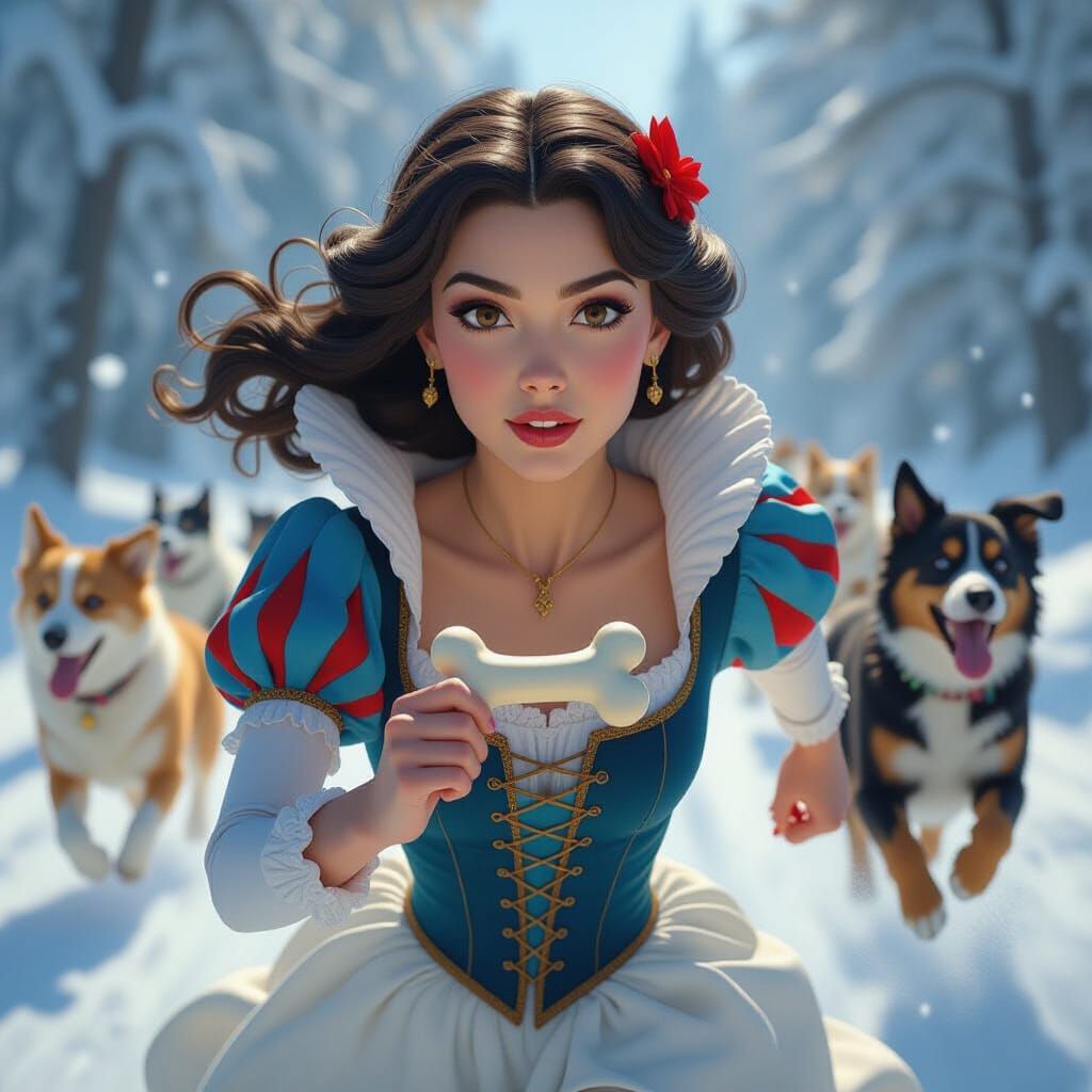 Snow White's Escape: Hyperrealistic Portrait in Ornate Style