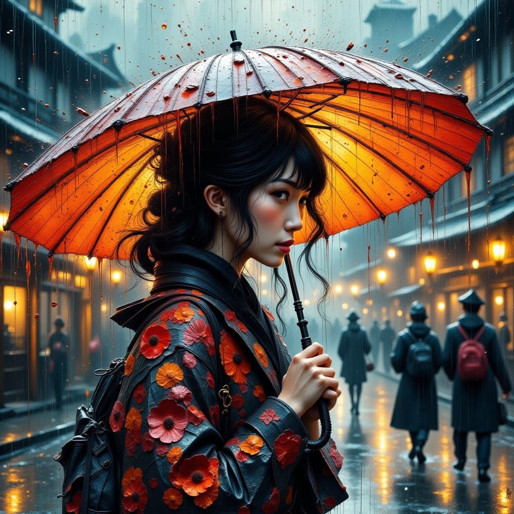 Japanese Woman in Rainy Town: Impasto Style