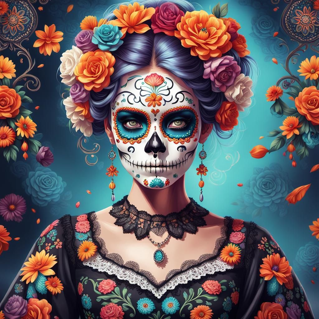 Elegant Día de los Muertos Woman in Anime Style