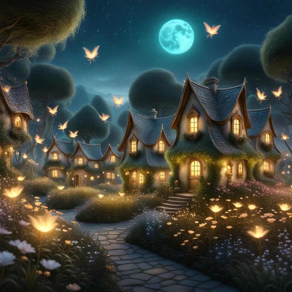 Glowing Fairies in Garden Houses: Fantasy Art