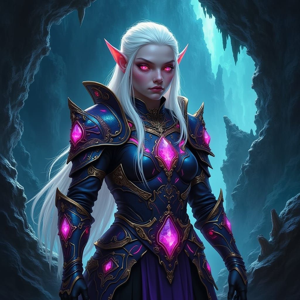Albino Elf Warrior Guards Crystal Cave in Dark Fantasy Style