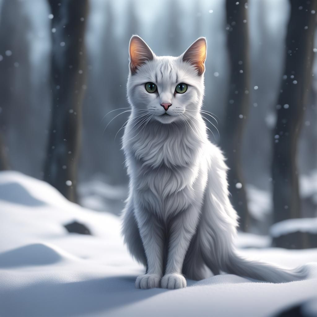 Gray-White Cat in Snowy Clearing: Detailed Matte Painting