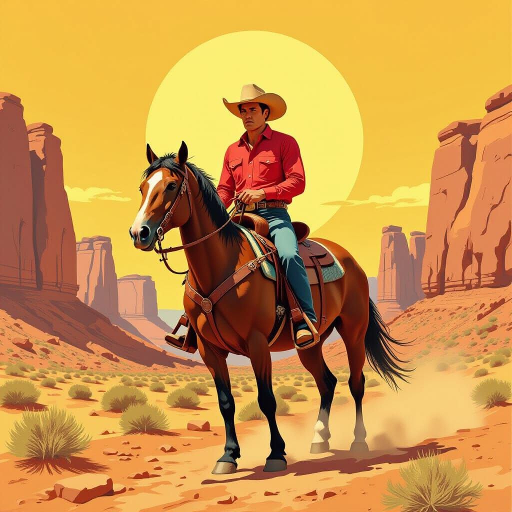 Cowboy on Pinto Horse in Desert Landscape