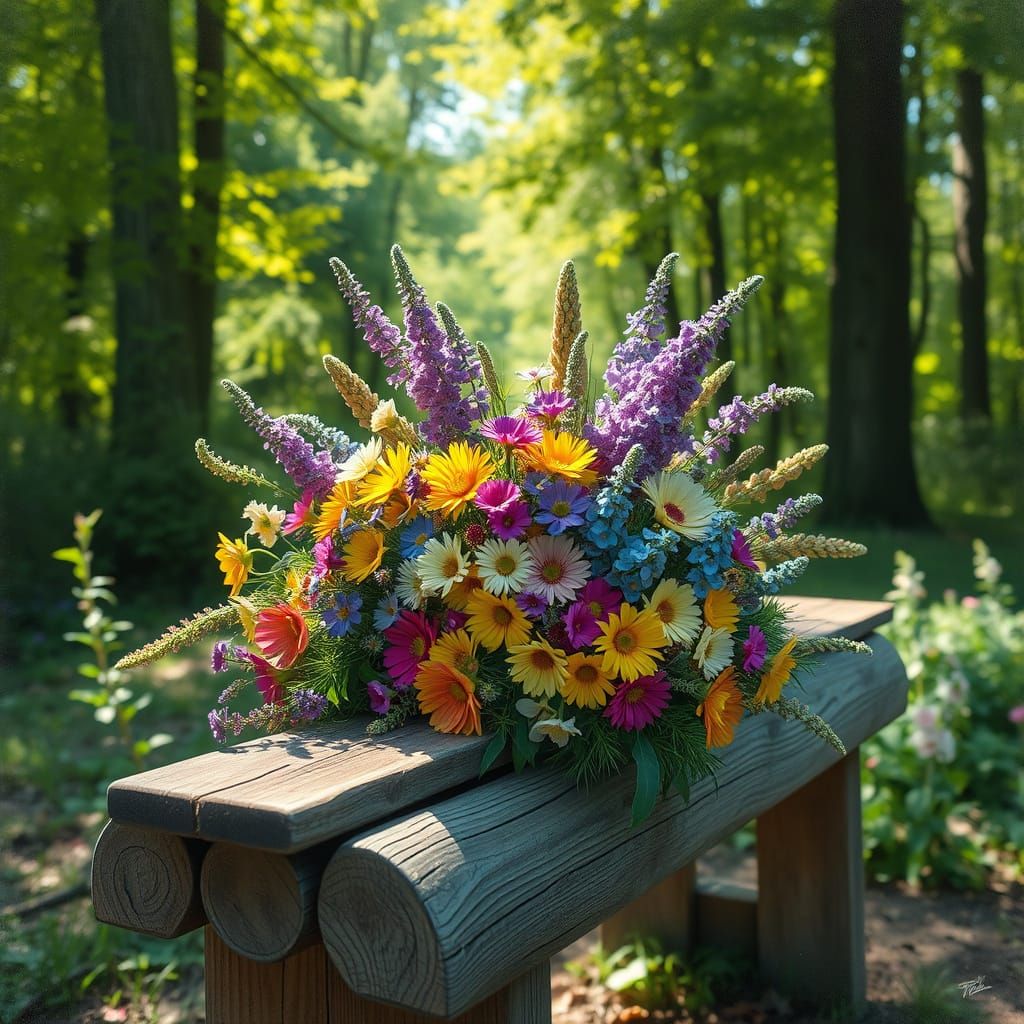 Vibrant Wildflower Bouquet on Wooden Bench in Sunlit Woods