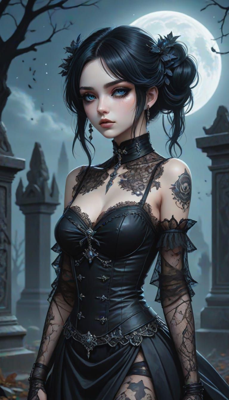 Midnight Vampire Queen Amidst Gothic Ruins in Anime Style