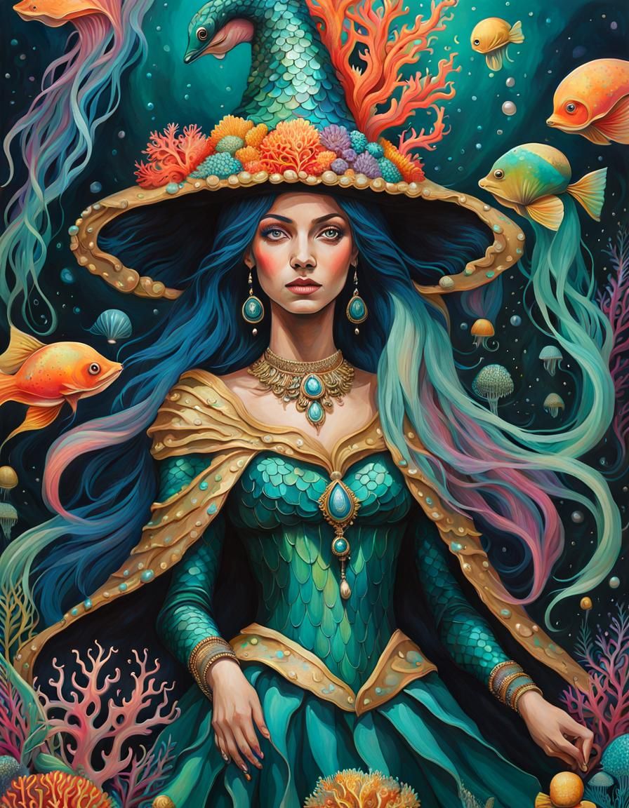Magical Mermaid Witch Portrait in Acrylic Impasto Style