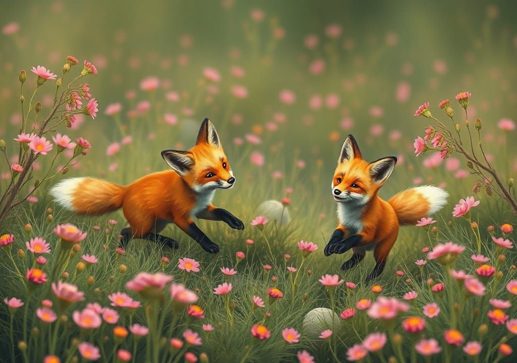 Foxes Frolic in Pink Wildflower Meadow