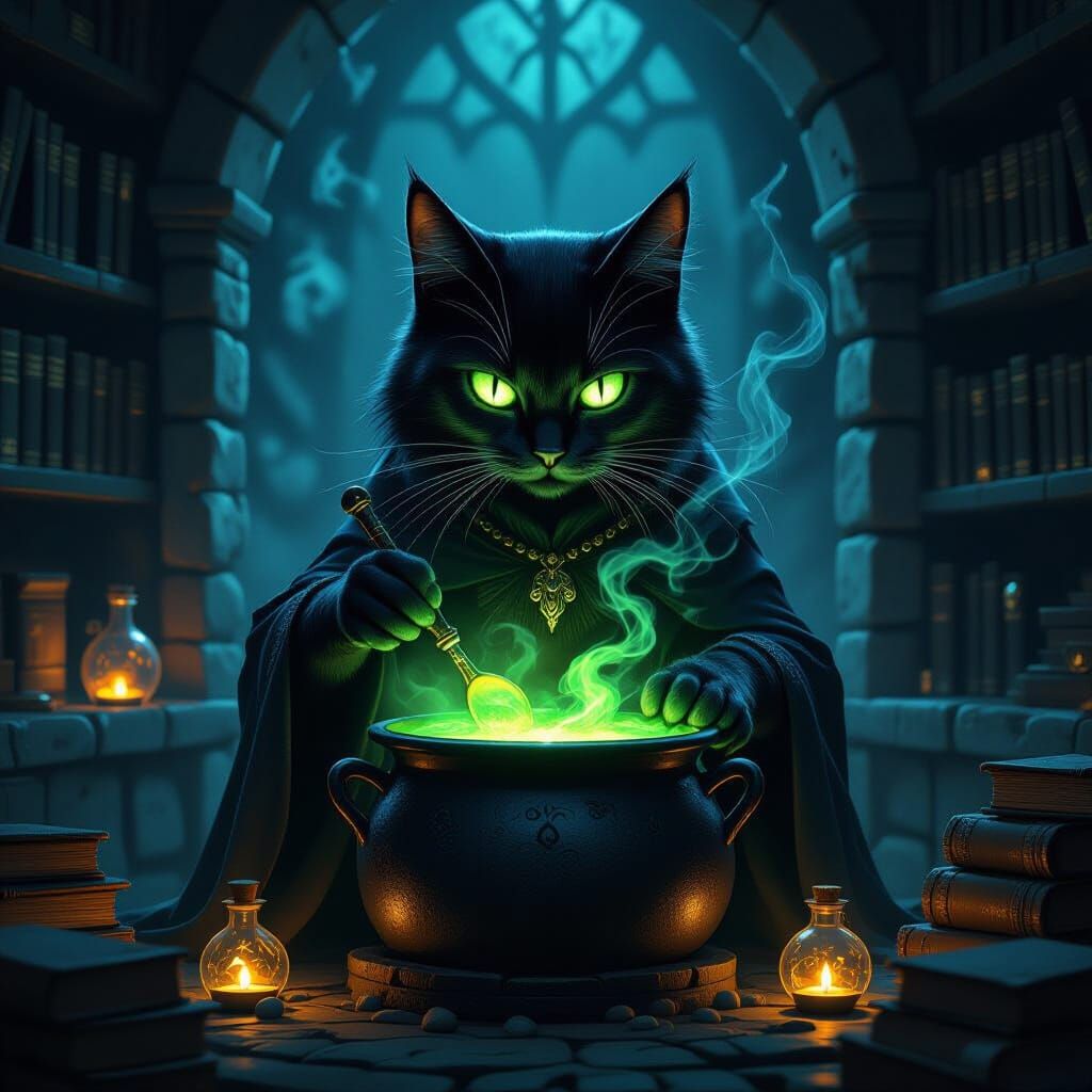 Black Cat Brews Magic in Dark Fantasy Lair