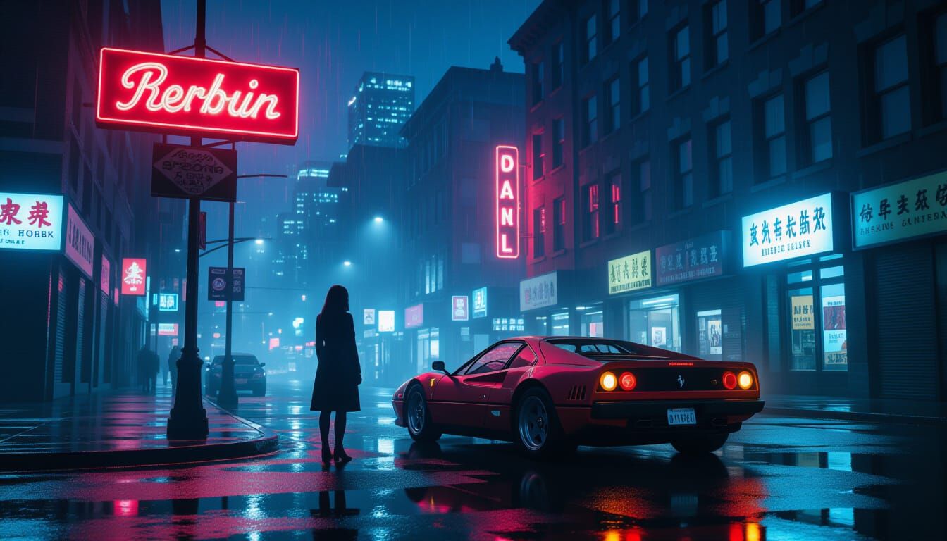 Lone Woman in Neon-Lit City Street at Midnight