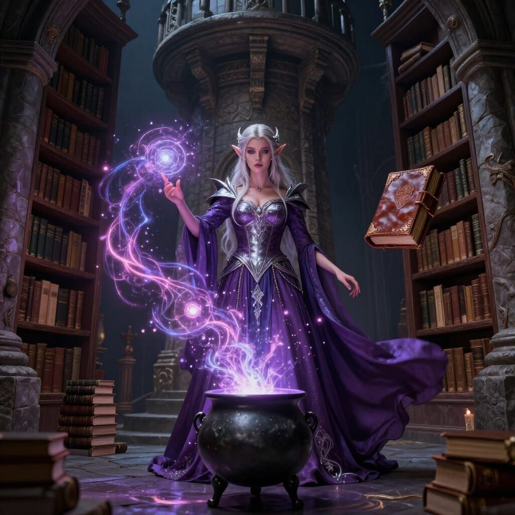 Elf Wizard Conjures Magic in Stone Tower