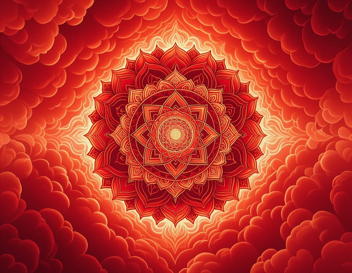 Mooladhara Chakra Mandala in Red Hues and Optical Illusions