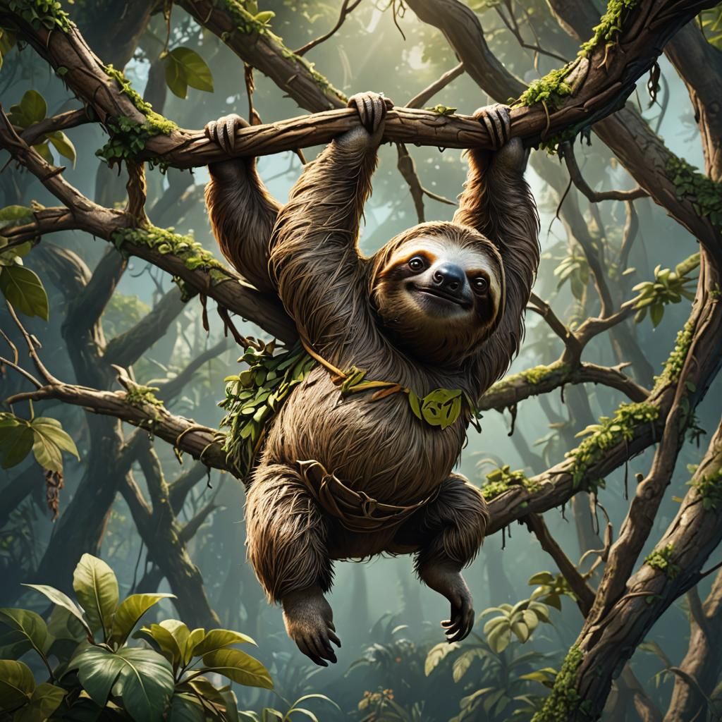 Sloth Hanging with Sign in Detailed Matte Painting