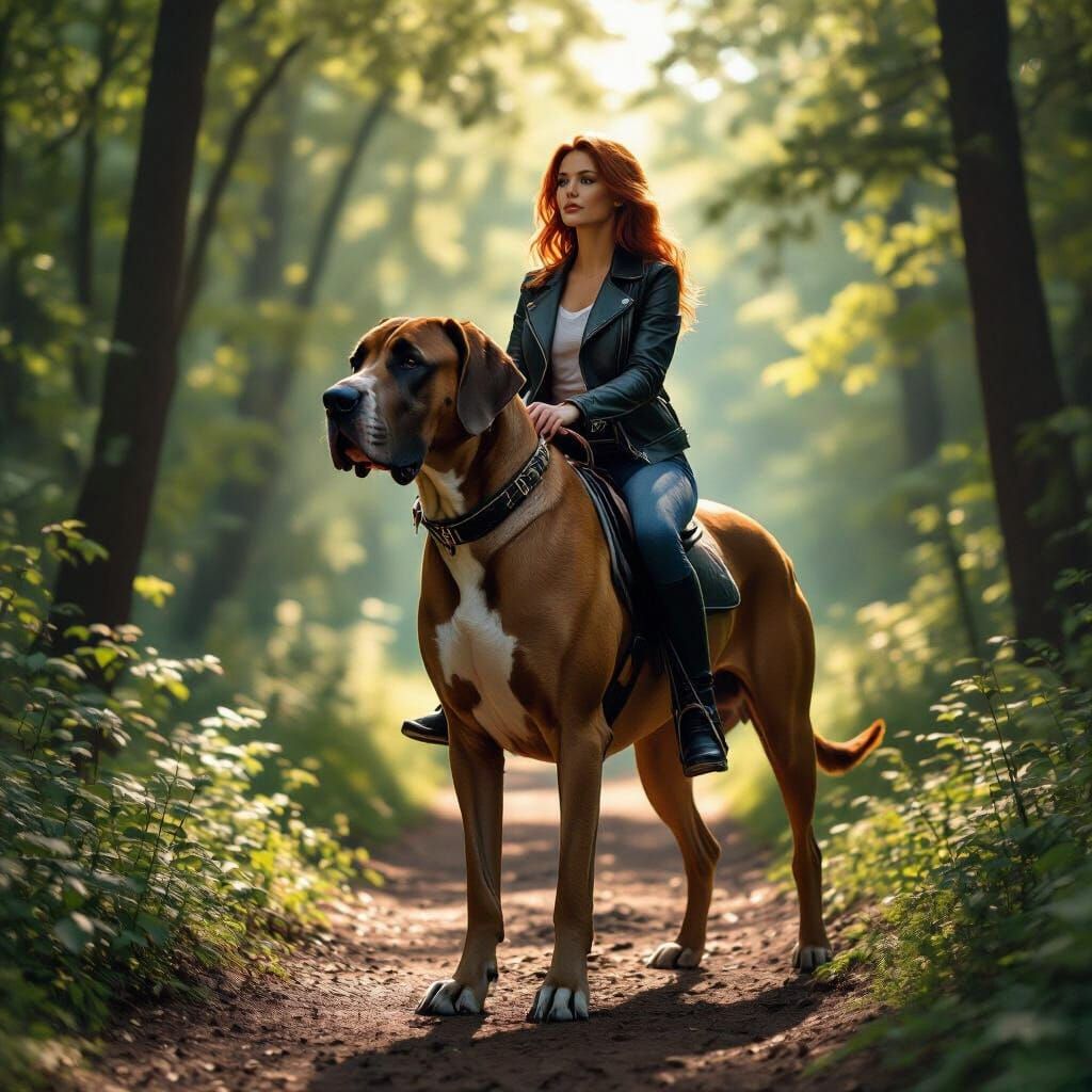 Woman Rides Giant Great Dane Through Sunlit Forest