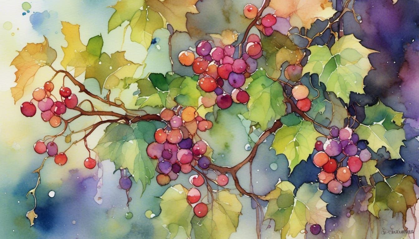 Impressionist Watercolor Grapevines in Morning Light