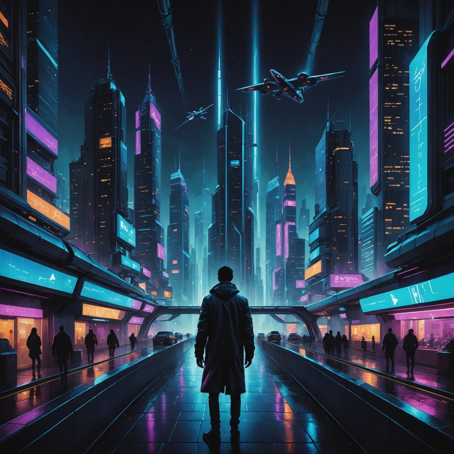 Futuristic City at Night in Digital Oil Painting