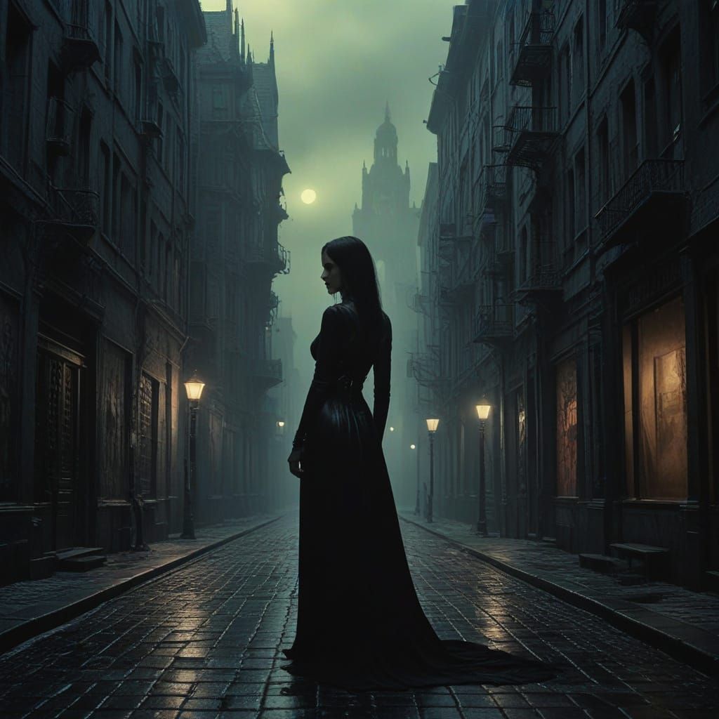 Mysterious Vampire Siren Amidst Dark City Ruins in Gothic Su...