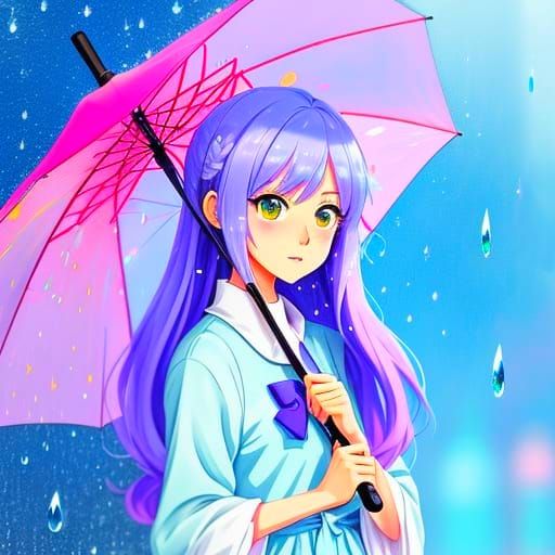 Cute Anime Girl Holding Umbrella, Worried Expression, Pastel...