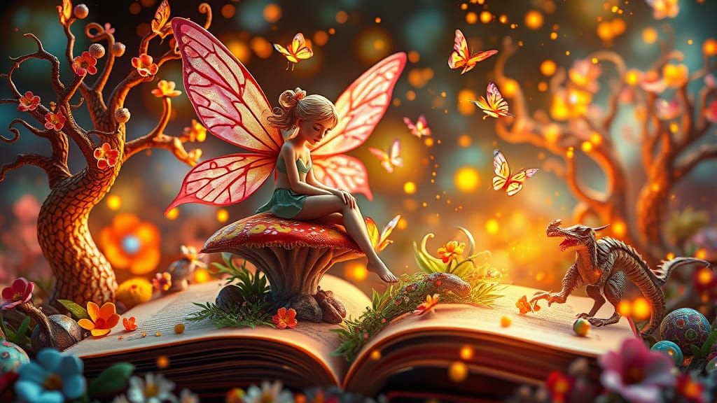 Vibrant Fairy on Mushroom in Pop-Up Book Scene