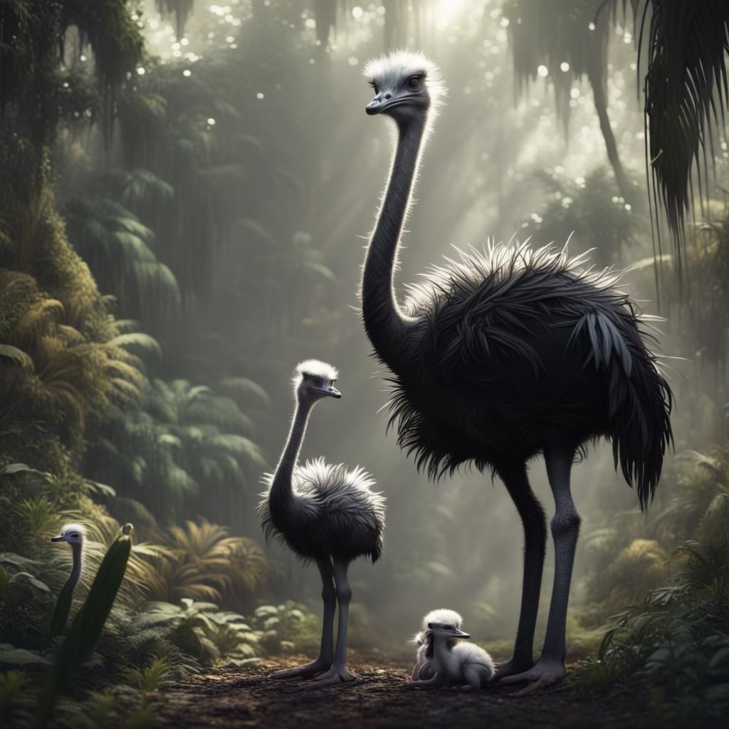 Monochrome Ostrich and Chick in Detailed Jungle