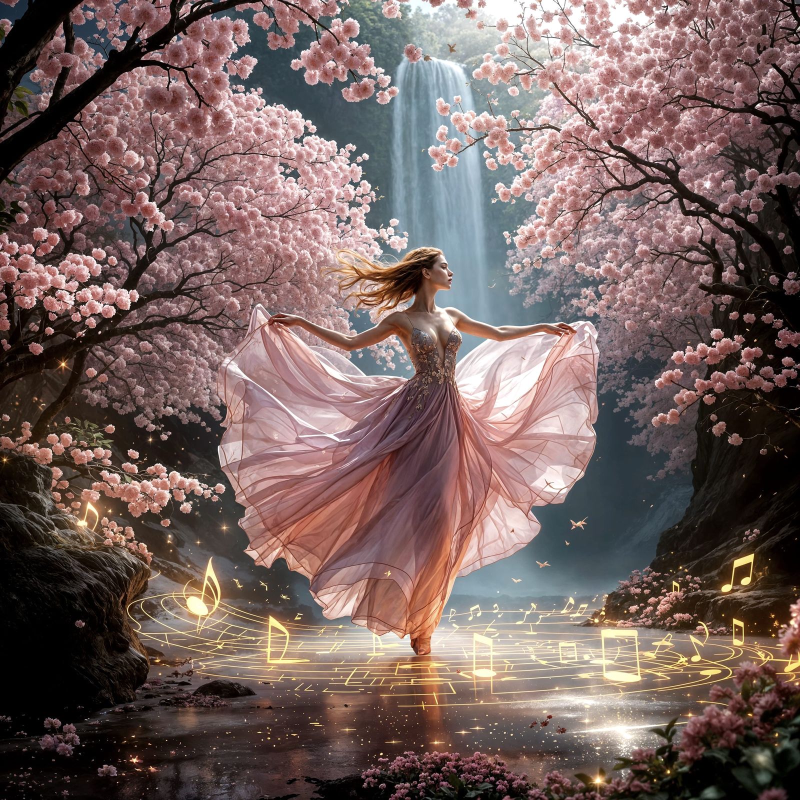 Woman Dancing in Cherry Blossom Valley