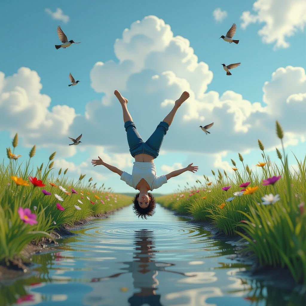 Person Dancing in Puddle Reflection: Anime-Inspired Fantasy