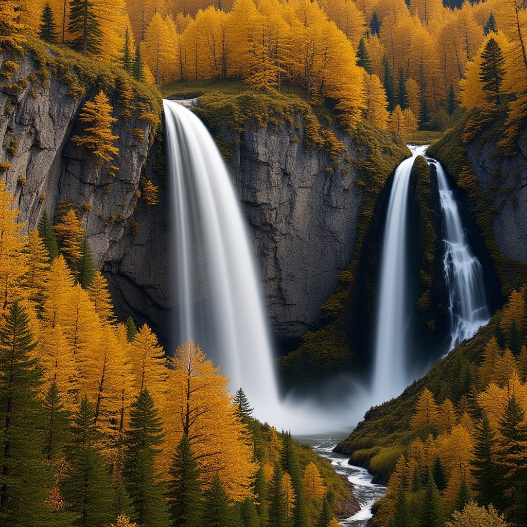Ansel Adams. Misty Bridal Veil Falls in Yosemite in autumn w...