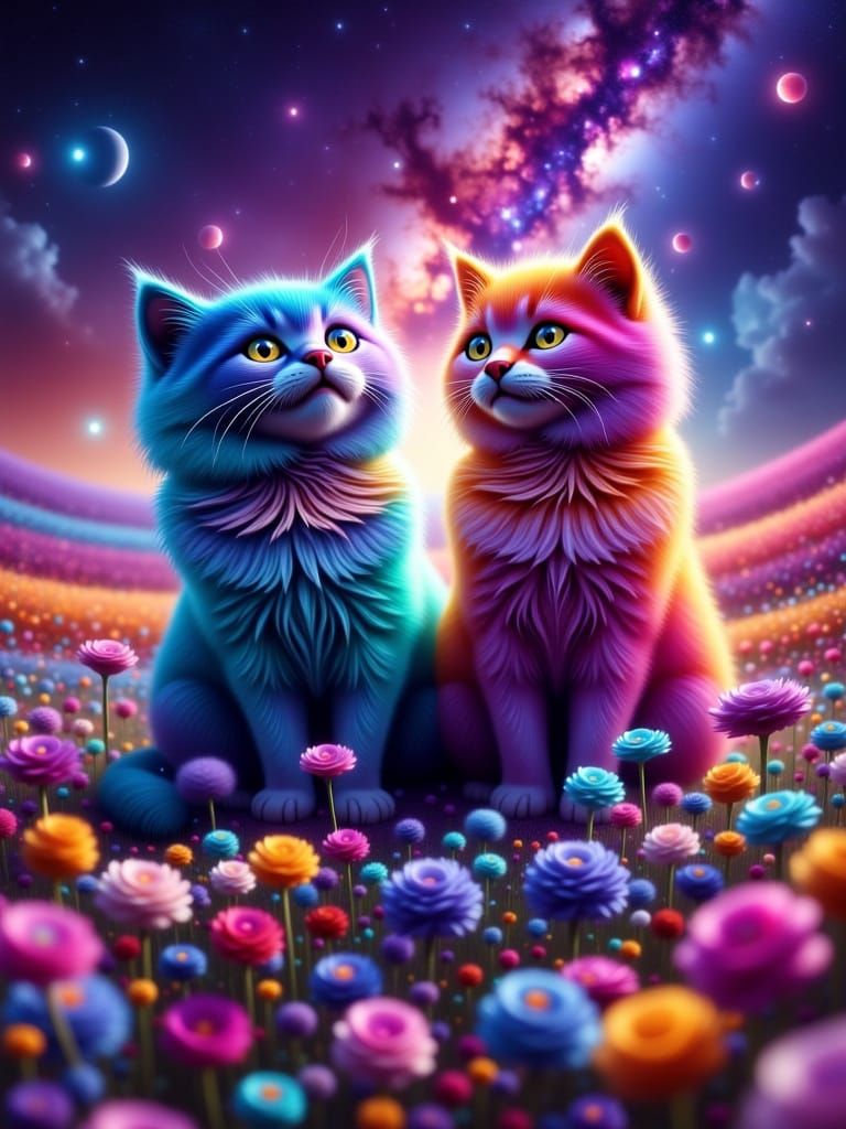Alien Florals Surround Two Vibrant, Glowing Cats in a Cosmic...