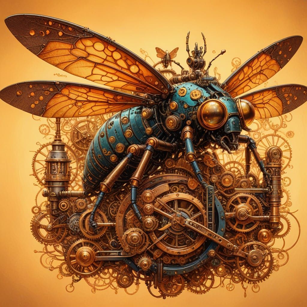 Steampunk Insect Machine with Gears and Brass Details