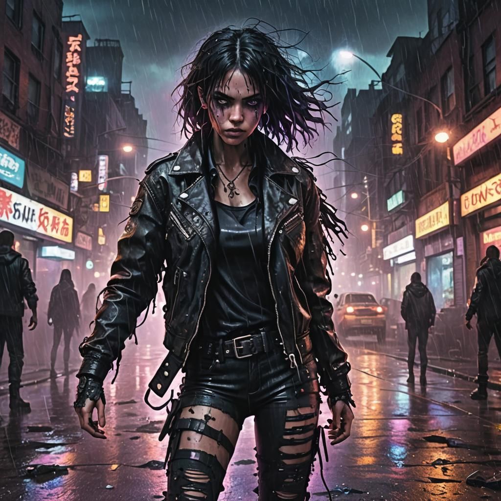 Cyberpunk Warrior Woman in Dystopian Cityscape
