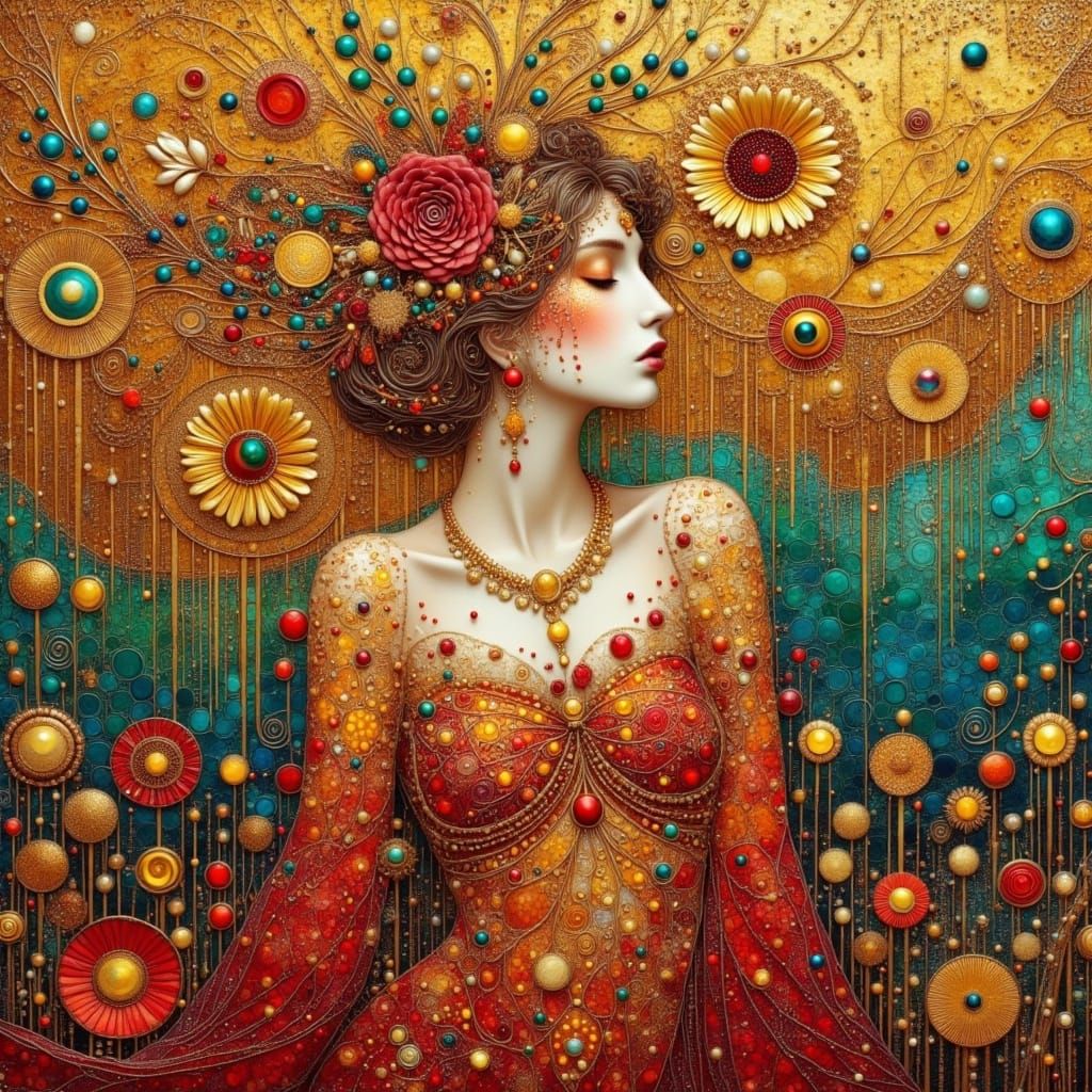 Ethereal Goddess in Opulent Klimt-Inspired Splendor