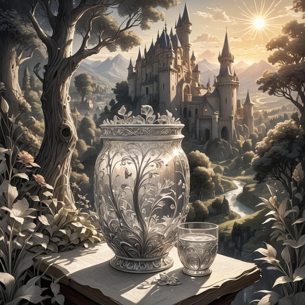 Broken Crystal Vase in Twilight Landscape Sketch