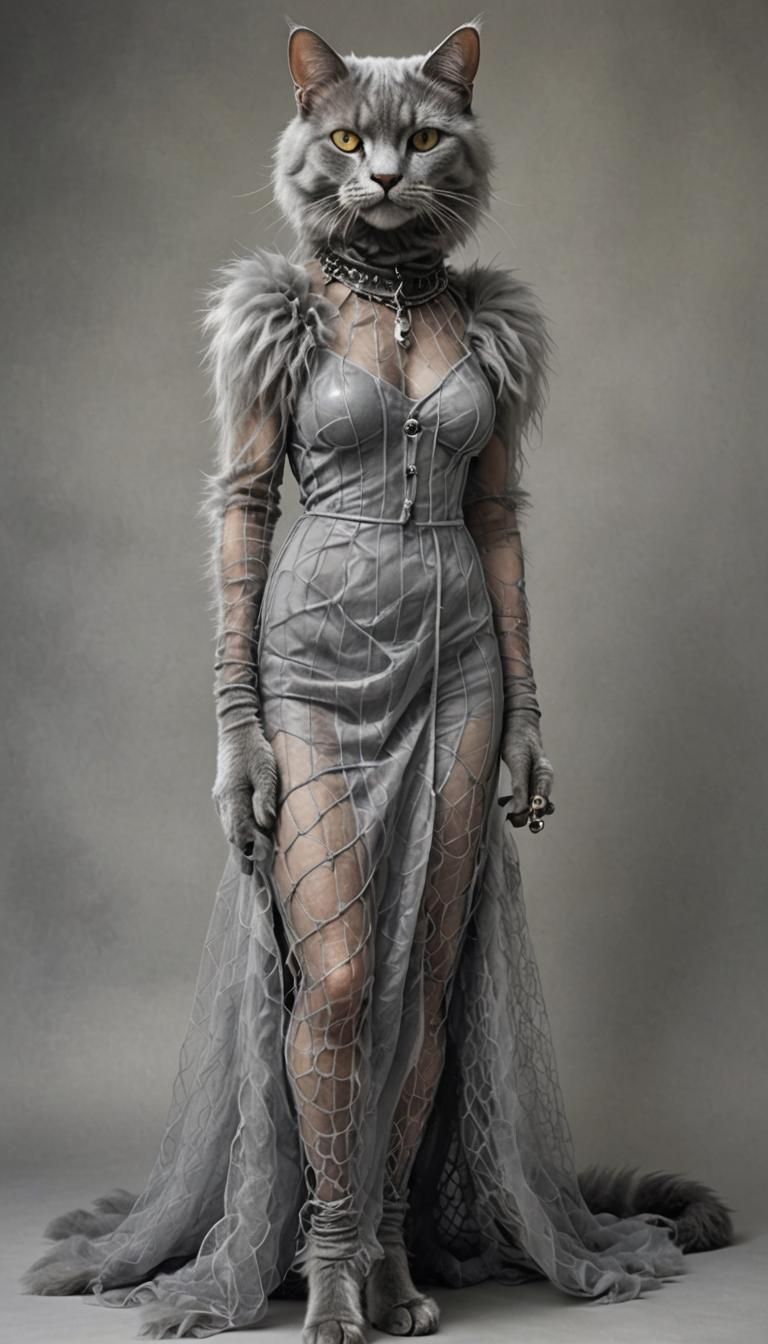 Furry Cat in Fishnet Dress: Hyperreal Furry Art
