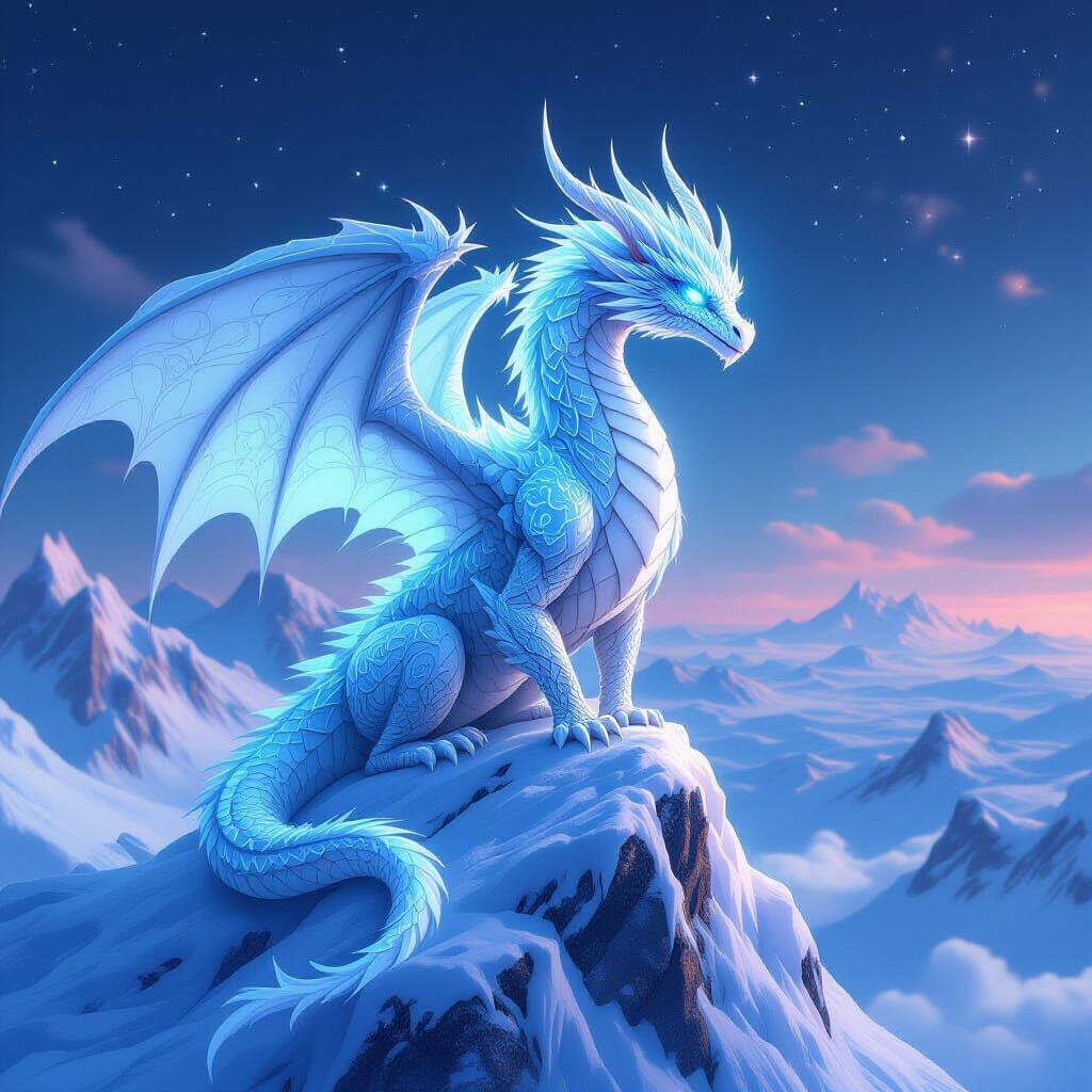Majestic Ice Dragon on Glacial Peak in 3D Anime Style