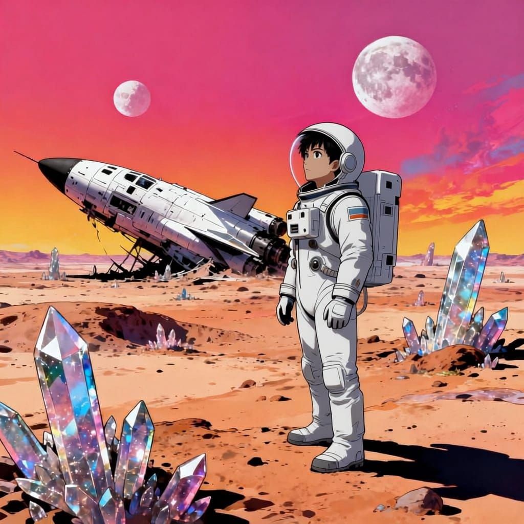 Astronaut Gazes at Alien Sky With Two Moons