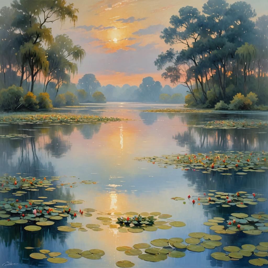 Impressionist Lake with Water Lilies and Sunset Glow