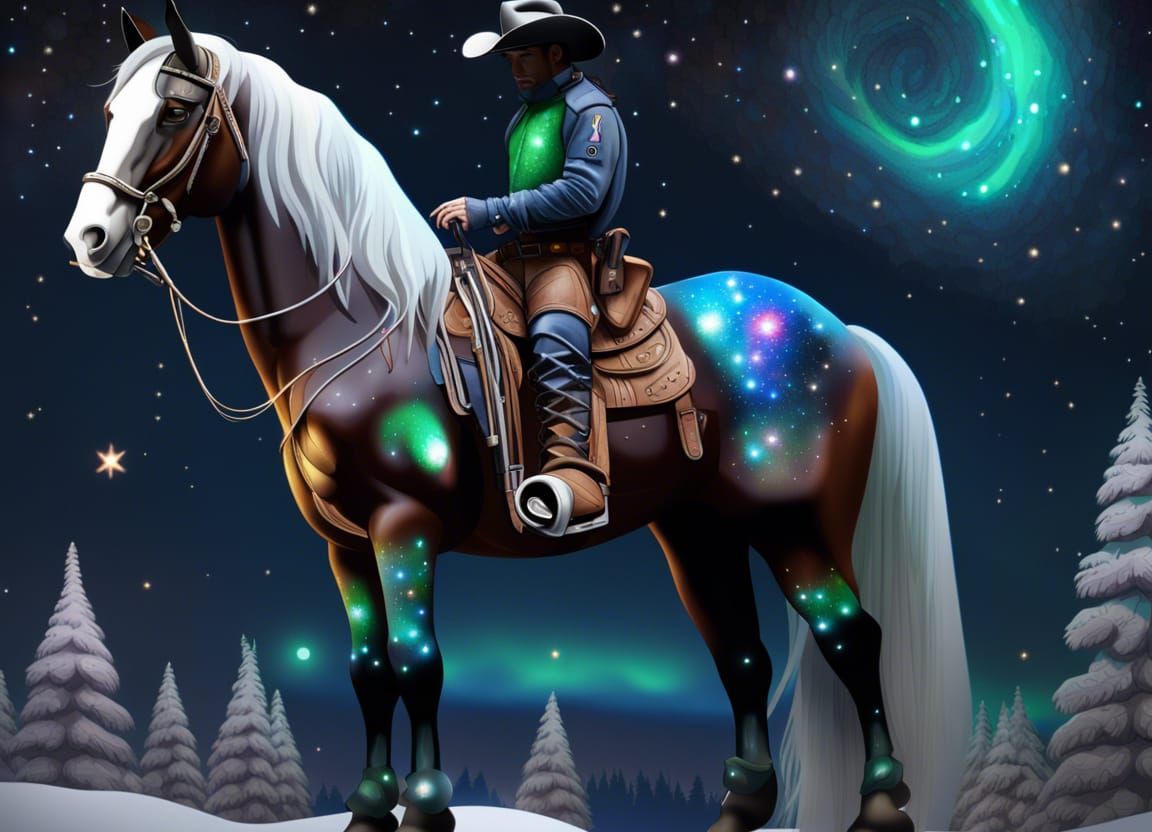 Futuristic Cowboy and Galaxy Horse in Winter Wonderland