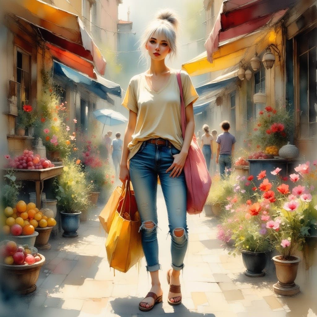 Woman in Bustling Marketplace: An Impressionistic Portrait