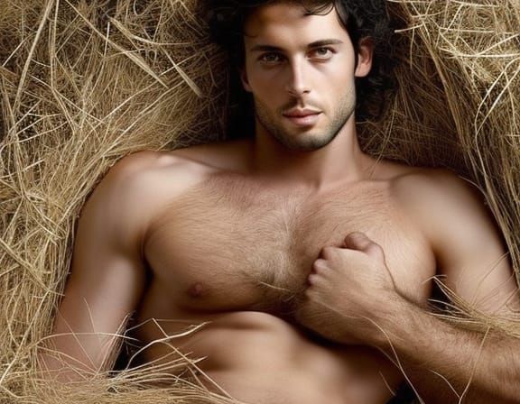 Handsome Man on Straw Bed, Hyperrealistic Portrait